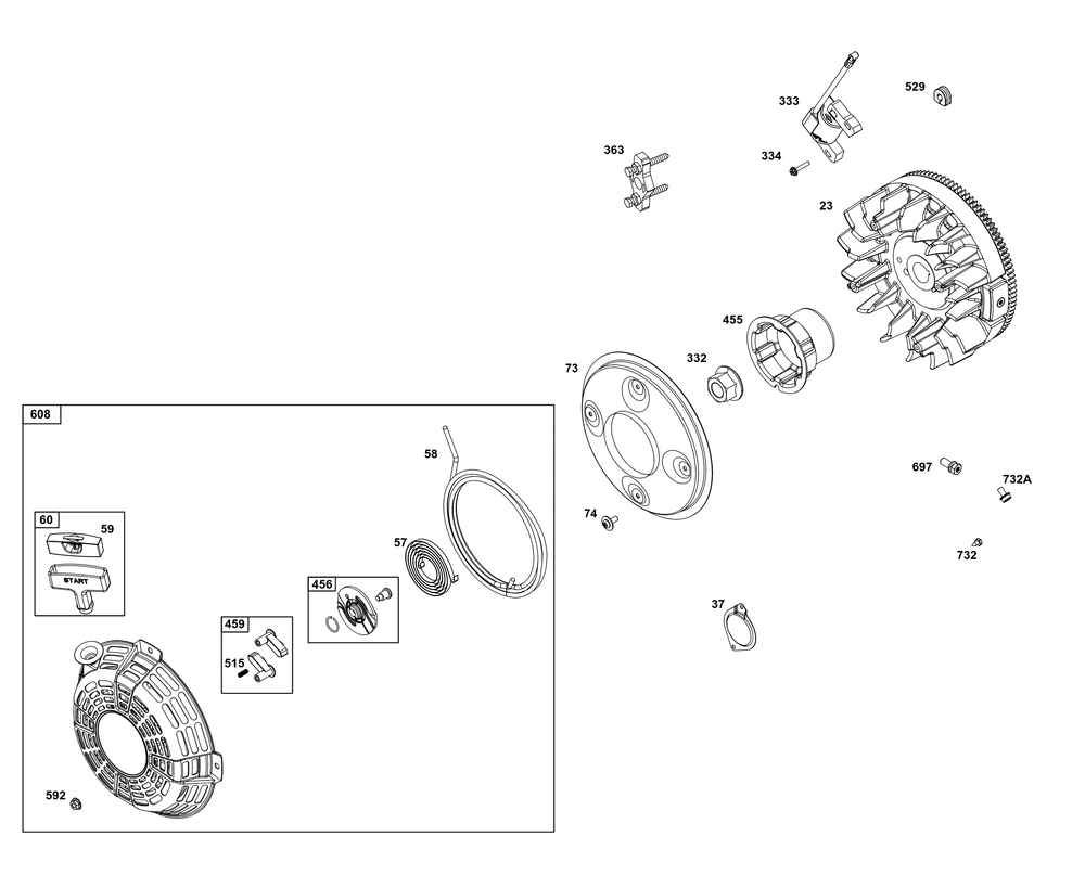 Flywheel, Ignition, And Starter Group Diagram and Parts List for 296442-0010-H5 200000 - 399999 Briggs and Stratton Engine